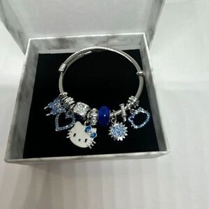Hello Kitty Blue Charm Bracelet Silver Tone Rhinestone Bangle NEW